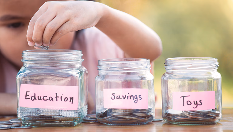 A parent teaching a child how to manage money, with concepts like budgeting, saving, and understanding banking to foster financial responsibility.